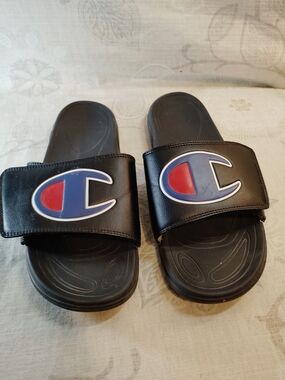 Champion Black Slide Sandals with Blue and Red Logo
